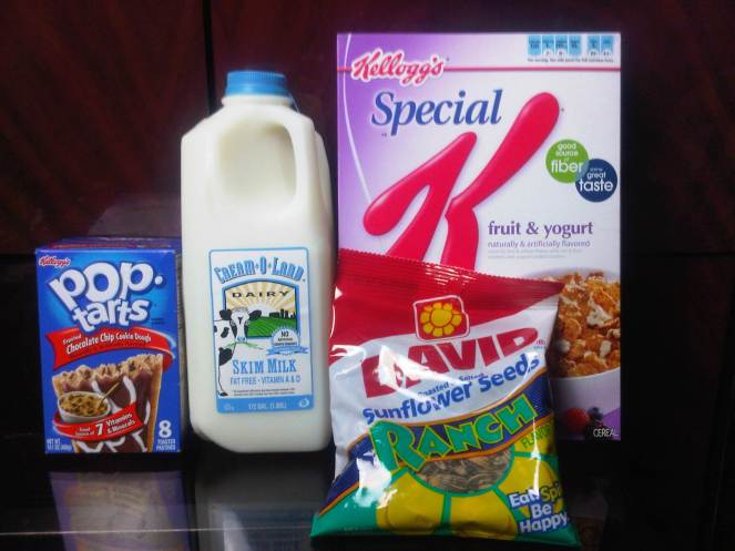 Milk, Cereal, Sunflower Seeds, Pop Tarts Milk, Cereal, Sunflower Seeds, Pop Tarts